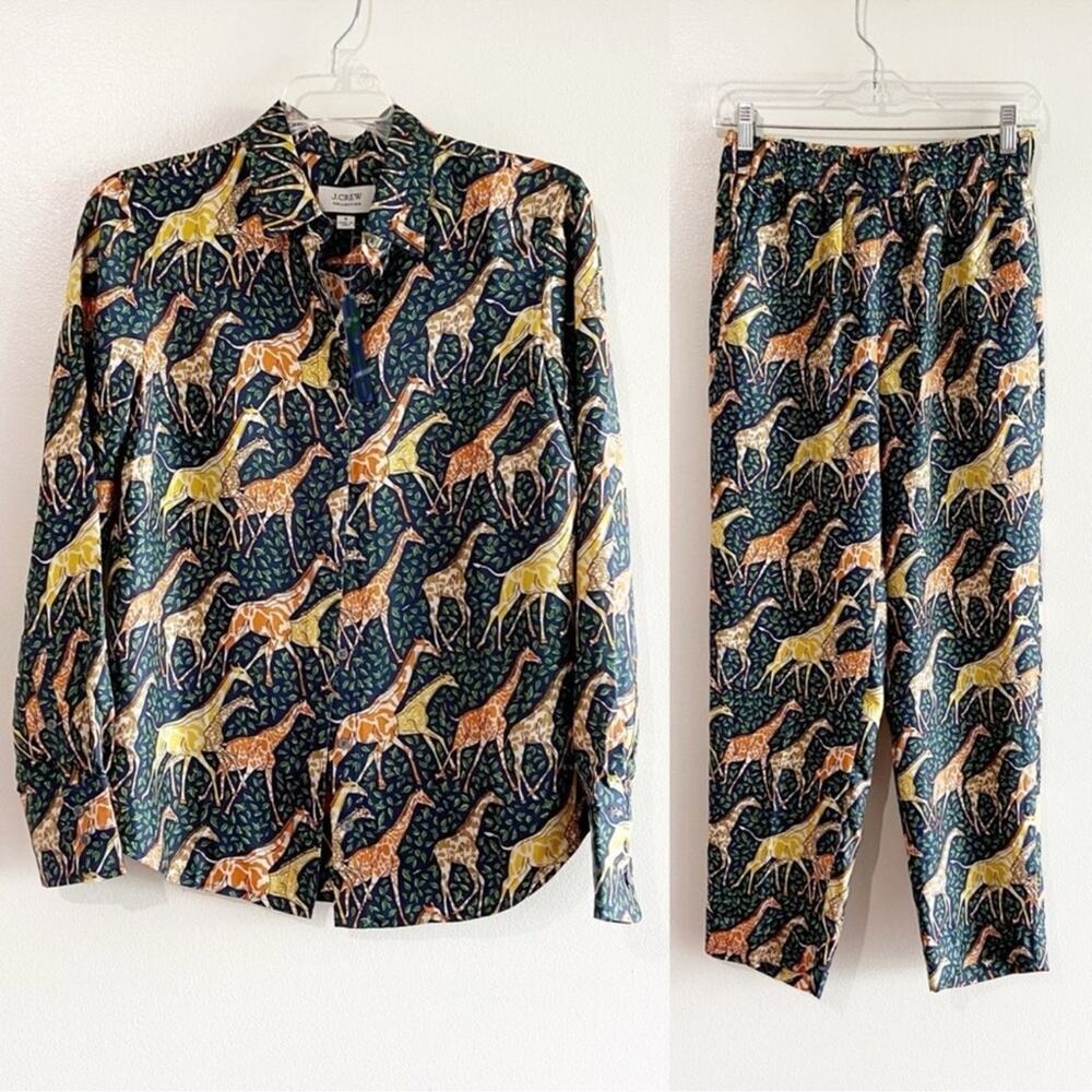 J.Crew Silk twill pajama style shirt blouse top Ratti Giraffe Print 6